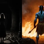 Split screen shows silhouetted woman facing dark forest floor and warrior turning toward fiery landscape with cool and warm t