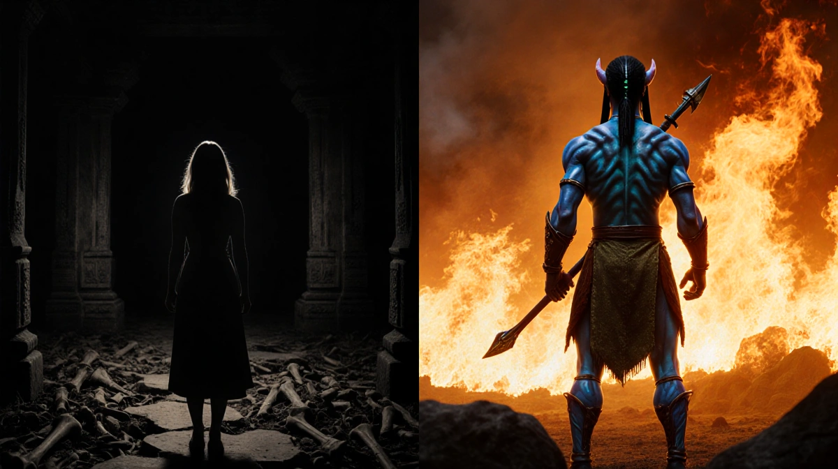 Split screen shows silhouetted woman facing dark forest floor and warrior turning toward fiery landscape with cool and warm t