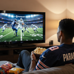 Person sitting on couch with sports jersey holding bowl of popcorn and TV showing live game in background