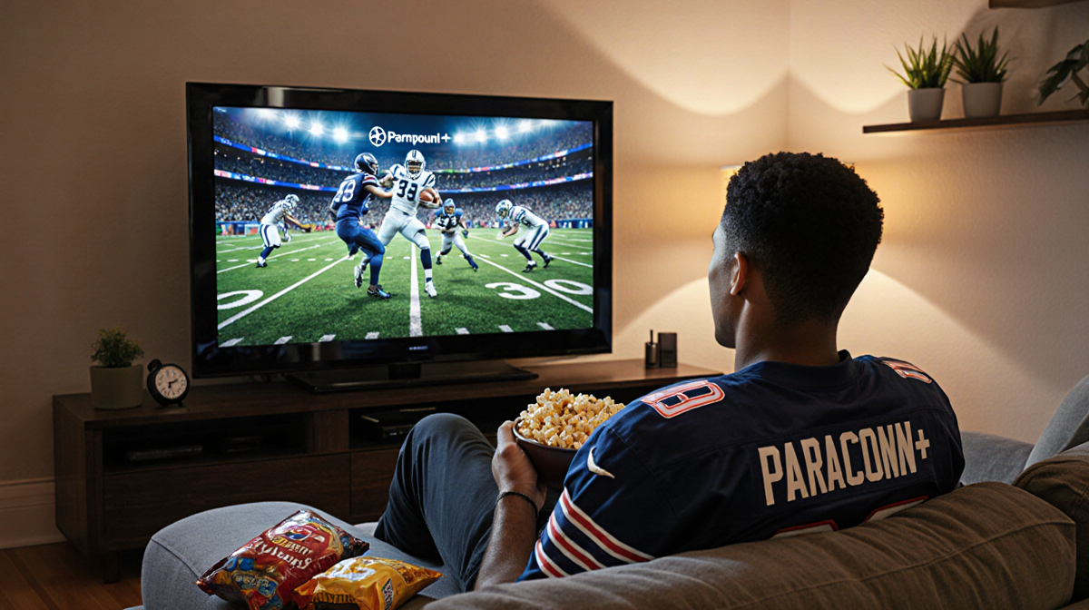 Person sitting on couch with sports jersey holding bowl of popcorn and TV showing live game in background