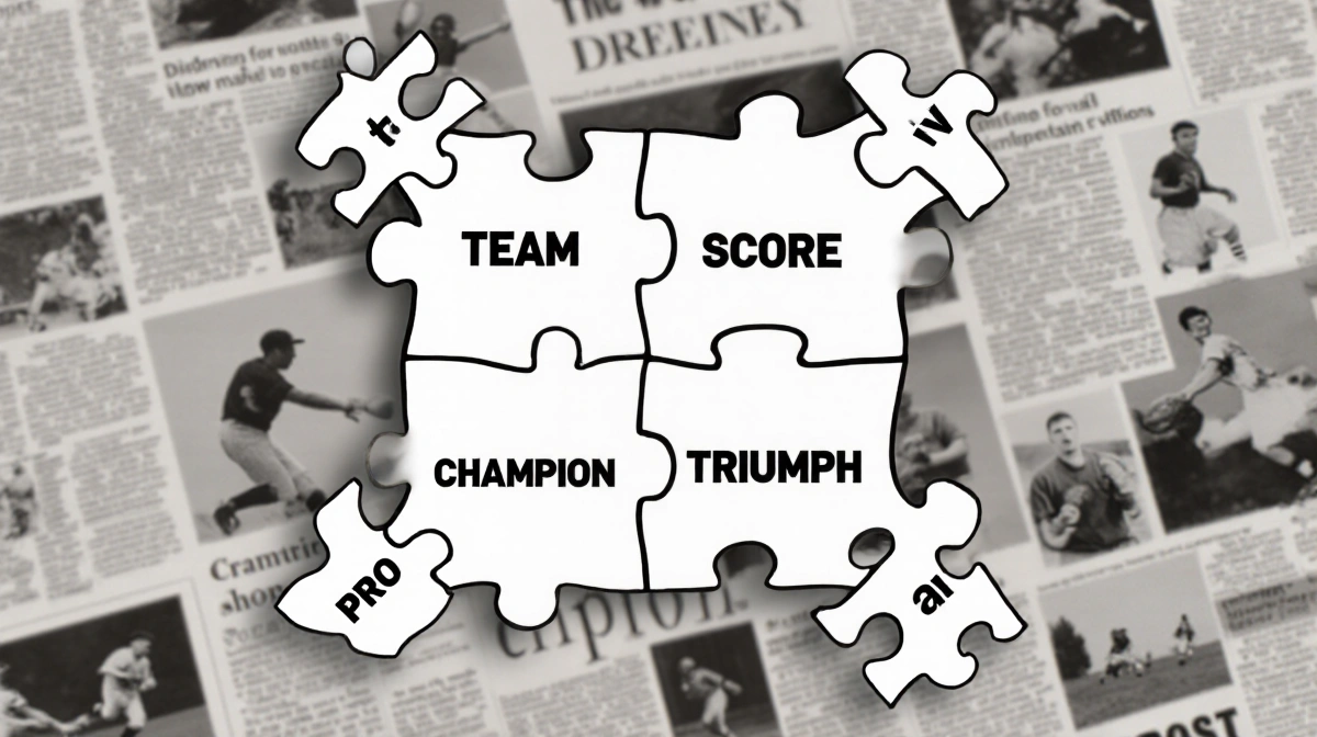 Illustrated collage arranging interlocking puzzle pieces with sports words circling a central hub.