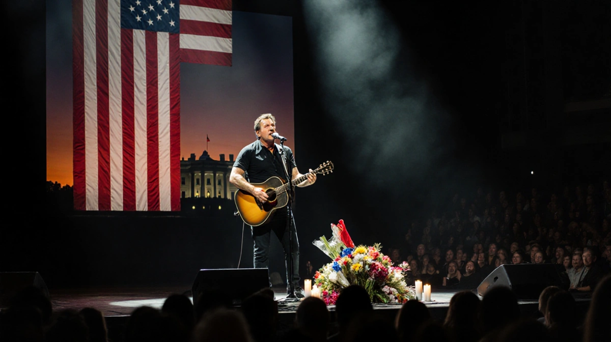 Bruce Springsteen performing on stage with American flag and memorial candles showing ICE brutality protest