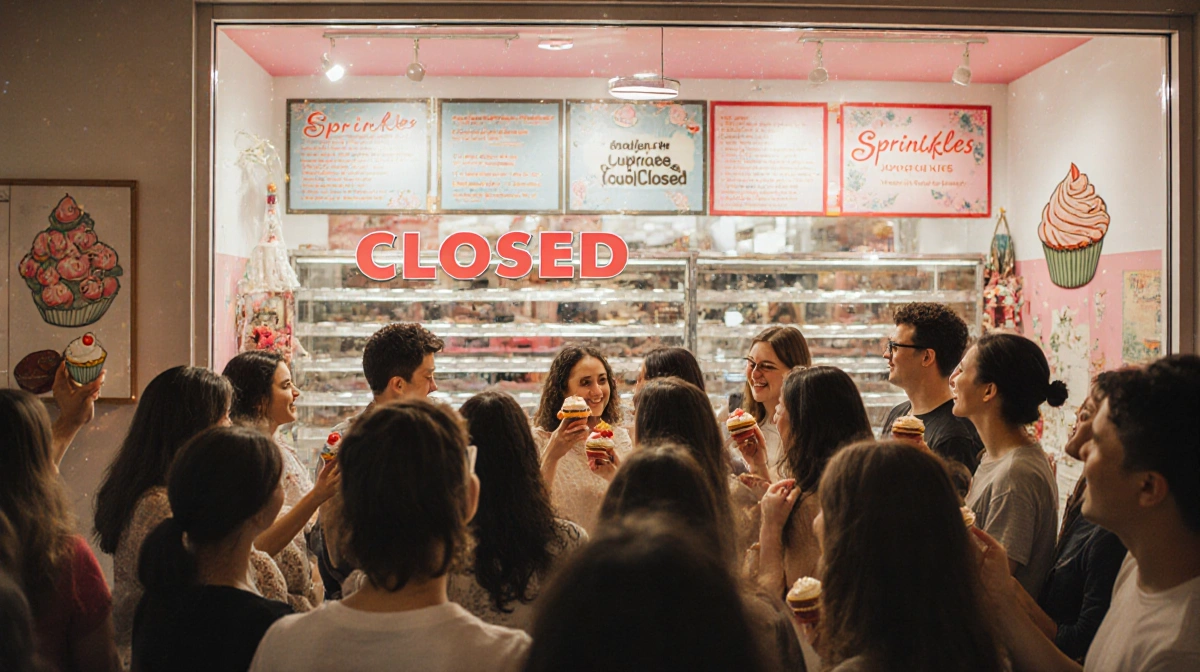 Patrons gather holding cupcakes with a closed Sprinkles storefront and pastel decor evoking nostalgia.