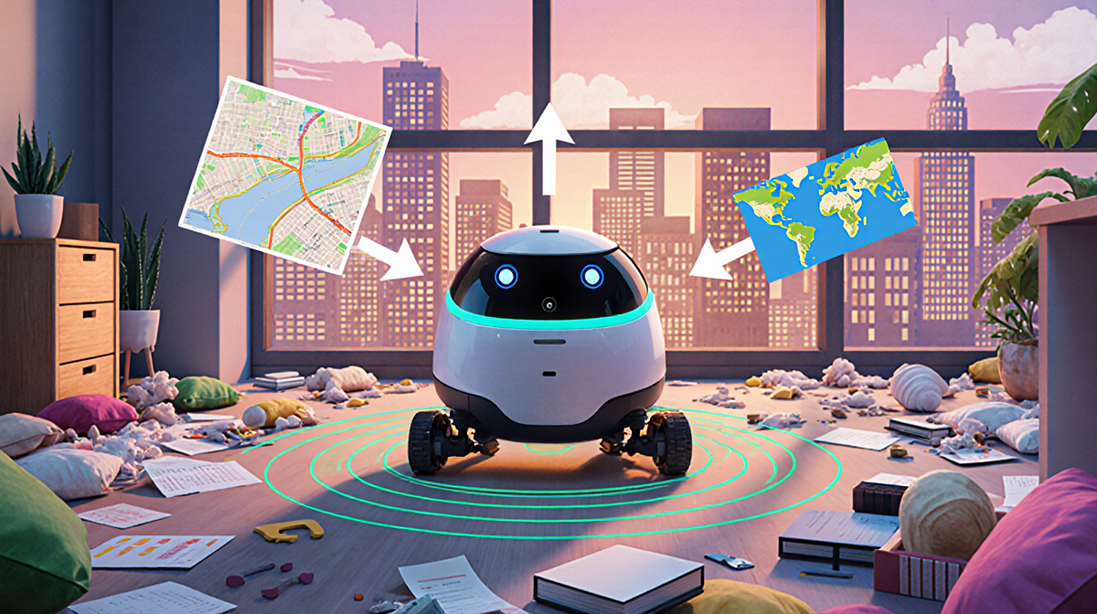 Sprout robot navigating cluttered office with colorful sensor display and arrowed mapping overlay