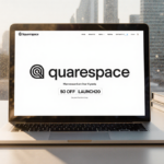 Laptop screen showing Squarespace logo and promo code with soft light from left and blurred cityscape background.