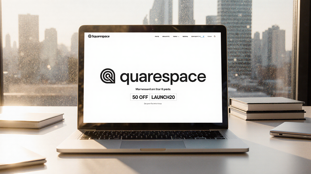 Laptop screen showing Squarespace logo and promo code with soft light from left and blurred cityscape background.