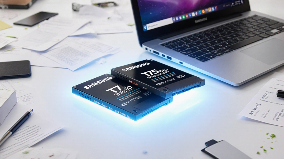 Desk holds laptop and glowing Samsung T7 Shield and T5 Evo SSDs with scattered papers and office supplies in background