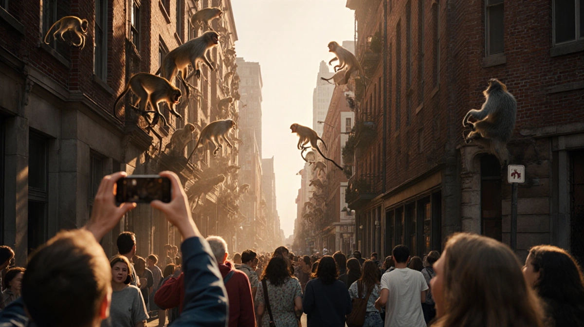 Monkeys climbing St Louis buildings with people taking photos and warm golden hour shadows