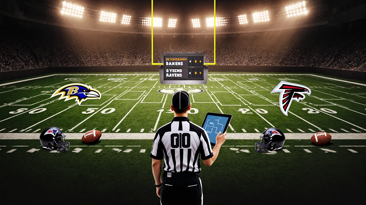 Referee holding a tablet with scoreboard display near playoff bracket fields of Steelers Ravens and Falcons and football