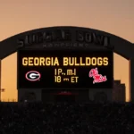 Stadium scoreboard showing game time in golden font with Georgia Bulldogs logo glowing against sunset sky.