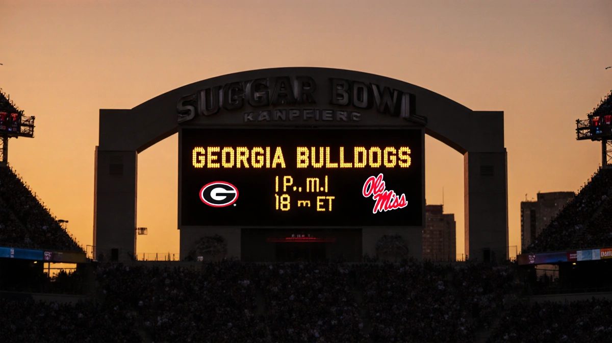 Stadium scoreboard showing game time in golden font with Georgia Bulldogs logo glowing against sunset sky.