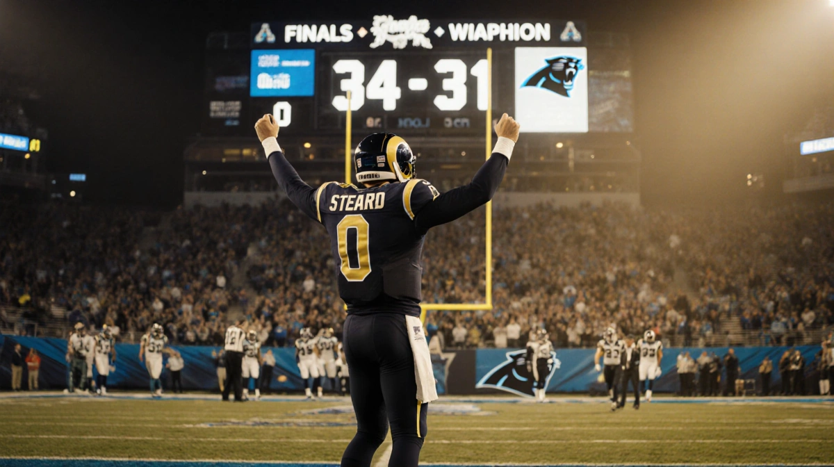 Matthew Stafford celebrating in end zone with scoreboard showing Rams 34-31 victory over Panthers