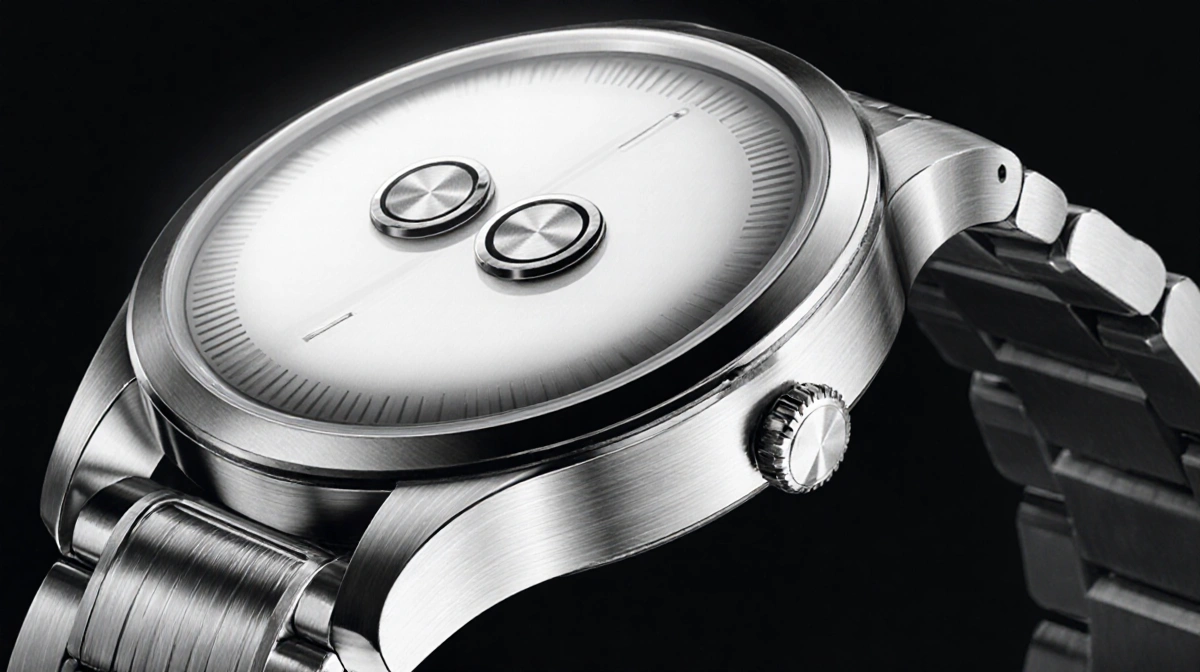 Stainless steel watch with raised body and dual buttons showing premium metal finish with engraved details