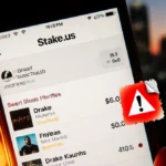 Smartphone displays Stake.us feed with Drake streams and verified badges with a blurred cityscape background and RICO symbol