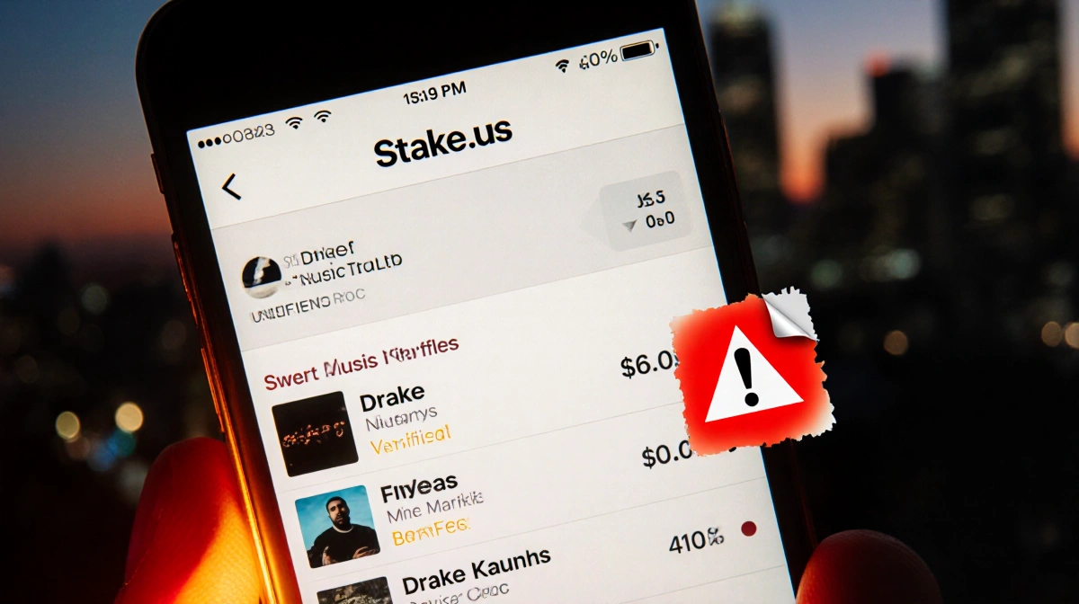 Smartphone displays Stake.us feed with Drake streams and verified badges with a blurred cityscape background and RICO symbol