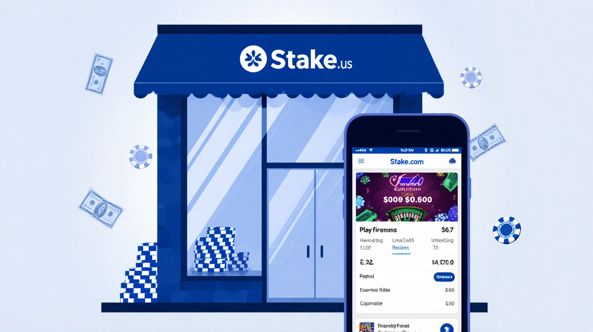 Smartphone screen shows Stake.com game with play counts and statistics near glowing storefront and subtle chips pattern.