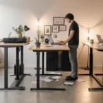 Workers typing on laptops with standing desks and warm lighting in a cozy office with a gaming console.