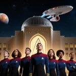 Starfleet cadets gazing at stars with academy dome and starship illuminated by golden light