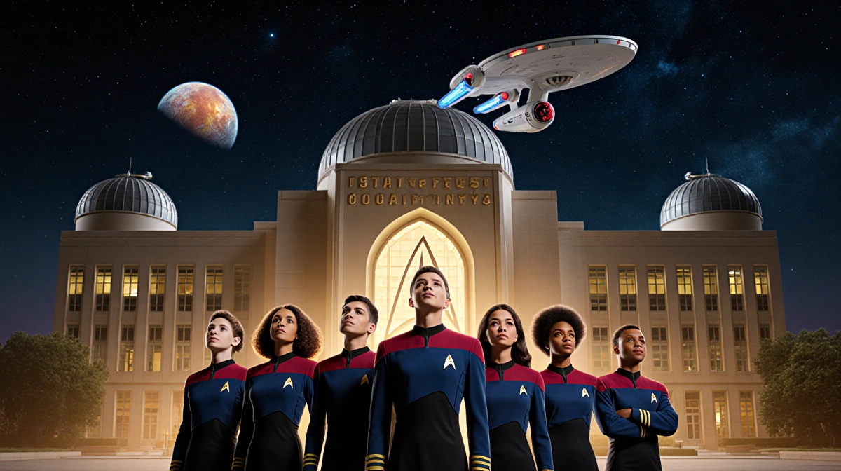 Starfleet cadets gazing at stars with academy dome and starship illuminated by golden light