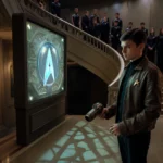 Starfleet cadet activates ancient hologram with mysterious tricorder while officers watch from staircase landing