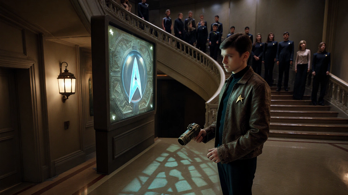 Starfleet cadet activates ancient hologram with mysterious tricorder while officers watch from staircase landing
