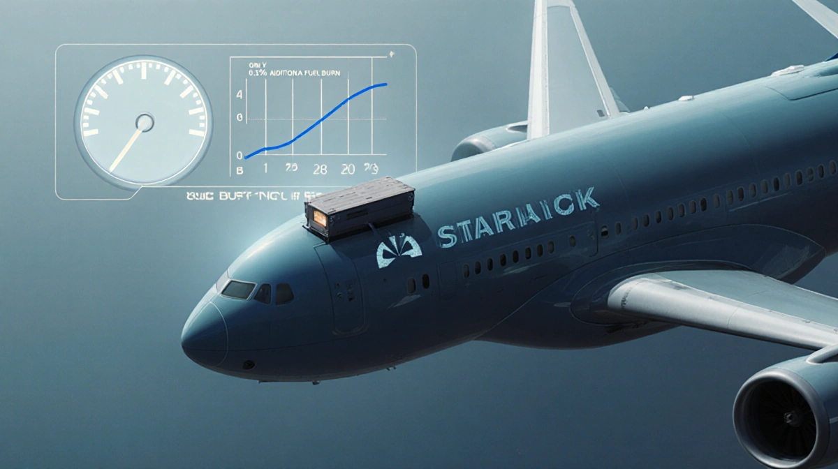 Airplane cockpit shows Starlink terminal on wing with fuel gauge displaying 0.3% burn rate during ascent
