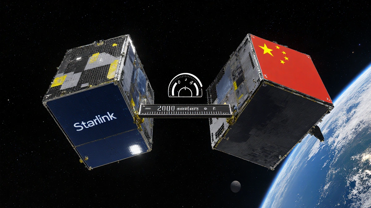 Two satellites positioned closely with a 200-meter gauge between them and mirrored surfaces against a starry space background