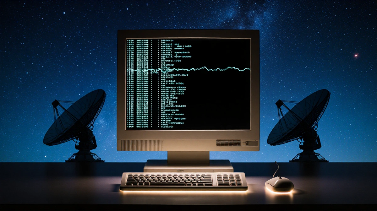 Vintage computer monitor scrolling numbers with starry sky background and Arecibo dish silhouettes showing SETI data analysis