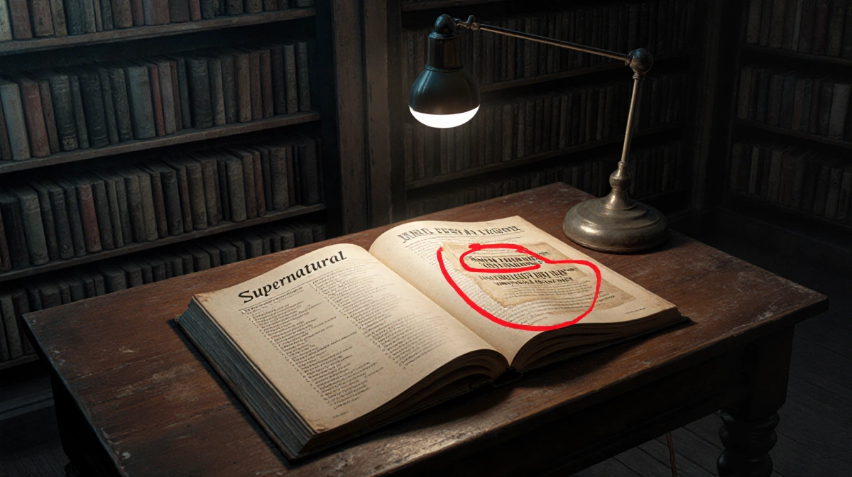 Dusty library table shows open workout catalog with faded copyright notice circled in red under flickering lamp