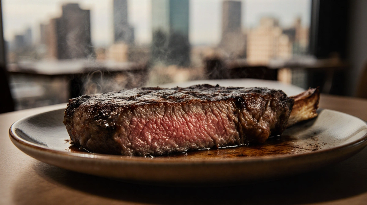 Sizzling steak beckons with golden glow on plate and city skyline in blurred background for meal kit