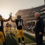 Steelers players celebrating victory on field with defeated Texans in background and Houston sunset behind