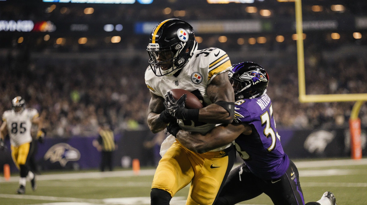 Steelers receiver celebrating touchdown with defender in end zone under golden lights and blurred stadium logo in background