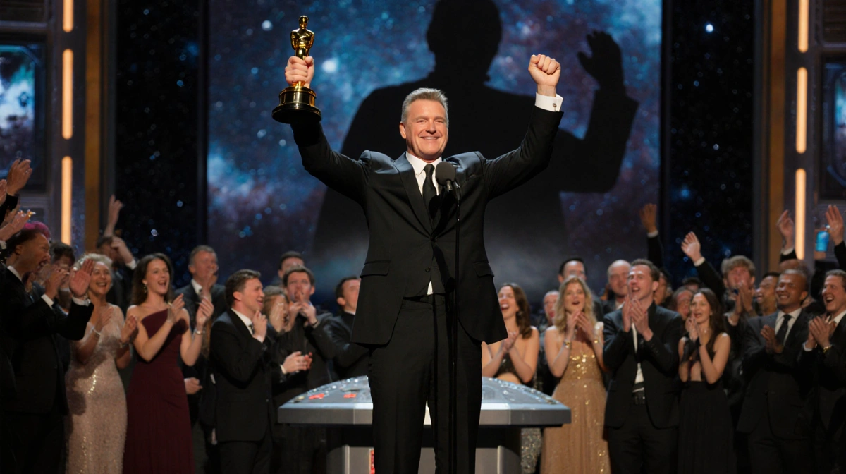 Stellan Skarsgård raises golden trophy with cheering crowd and Star Wars backdrop behind