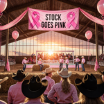 Riders celebrate in a livestock arena with pink banners and sunset glow