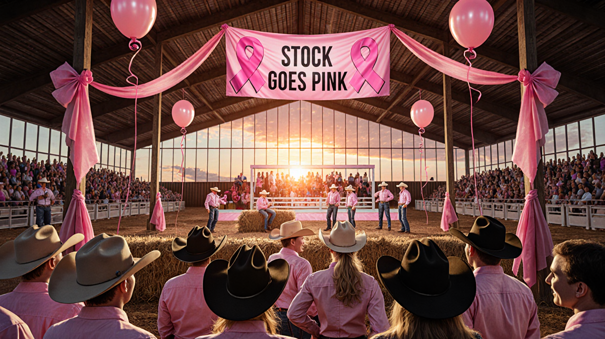 Riders celebrate in a livestock arena with pink banners and sunset glow