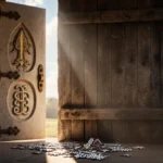 Dusty stone abbey door opens slightly with warm light pouring in and Wordle puzzle pieces scattered nearby.