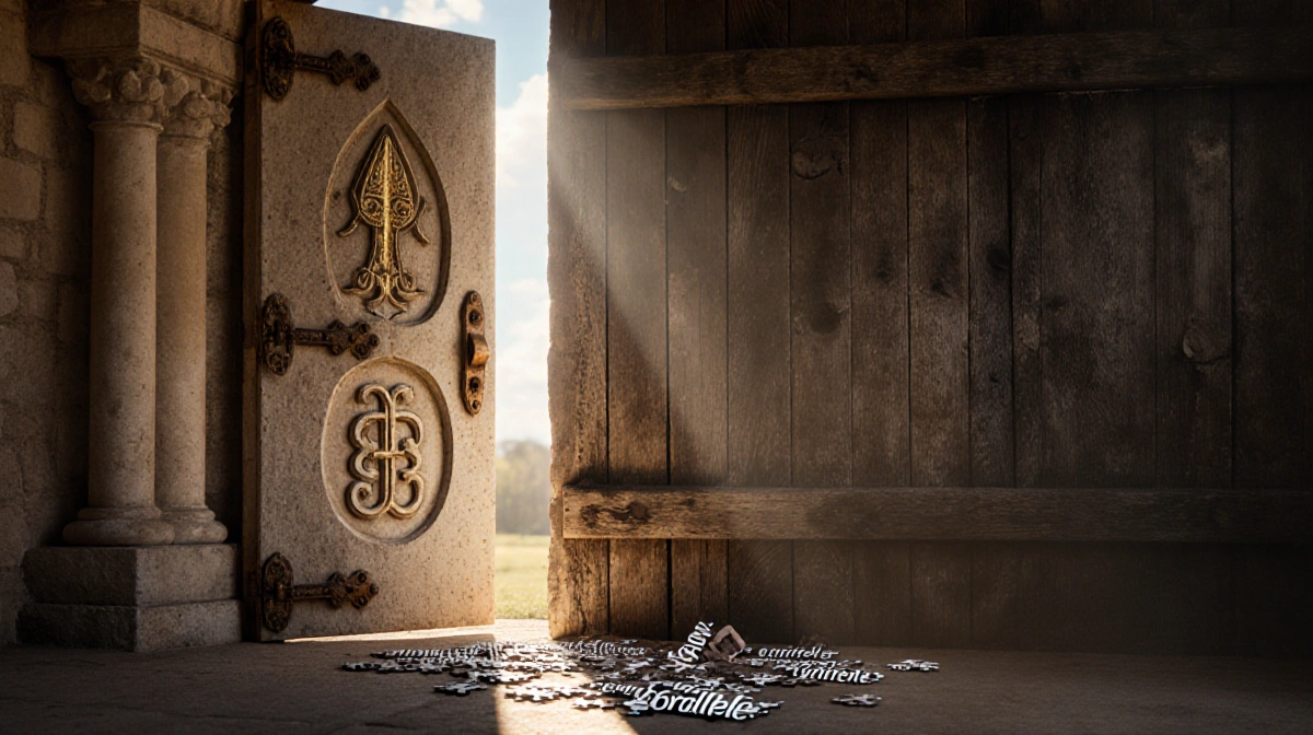 Dusty stone abbey door opens slightly with warm light pouring in and Wordle puzzle pieces scattered nearby.