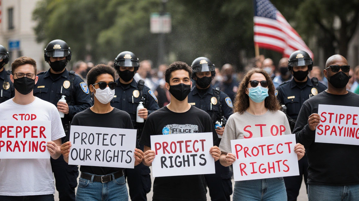 Six peaceful protesters holding Stop Pepper Spraying signs with police officers and American flag behind them