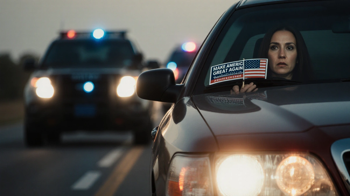 Car with flashing hazard lights shows Renee Good panicking Trump sticker in passenger seat and ICE badge reflections.