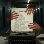 Dusty typewriter sits on wooden desk with flickering lights casting shadows and Stranger Things script glowing on laptop