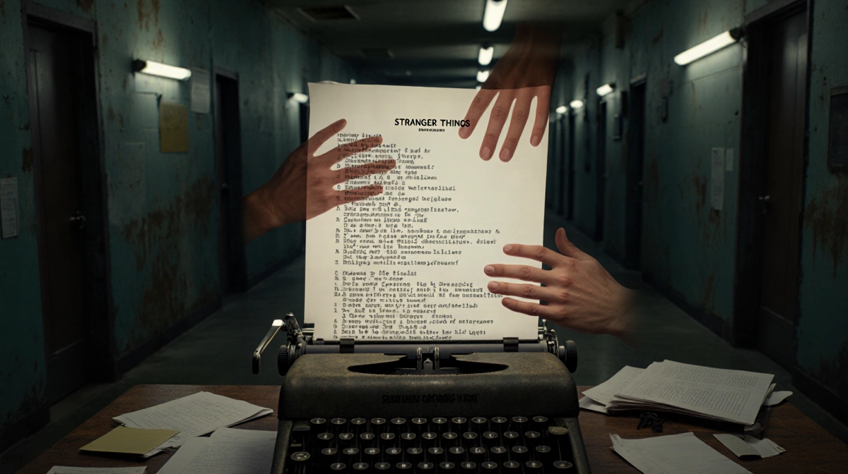 Dusty typewriter sits on wooden desk with flickering lights casting shadows and Stranger Things script glowing on laptop