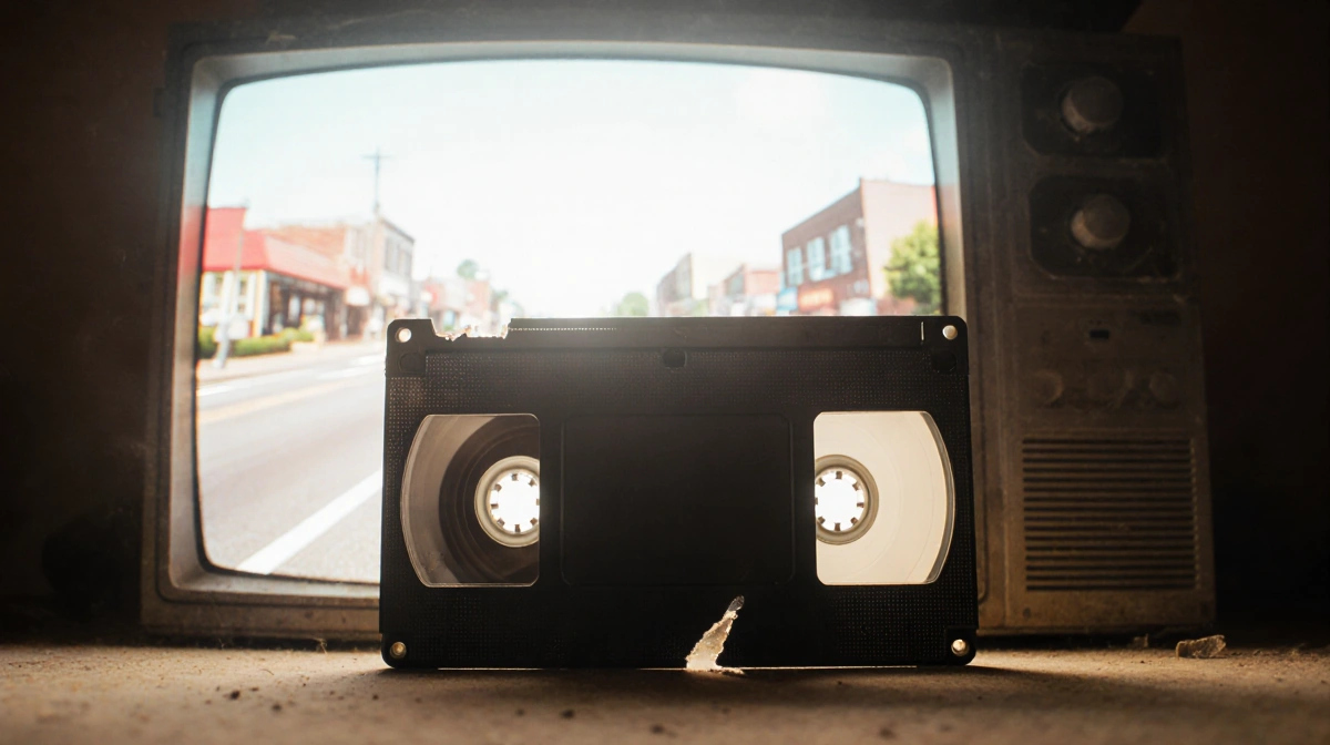 VHS tape sits angled in front of TV showing Stranger Things Hawkins footage with warm nostalgic lighting