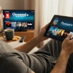 Person relaxing on couch with tablet streaming Paramount Plus while surrounded by multiple screens showing Netflix and Hulu