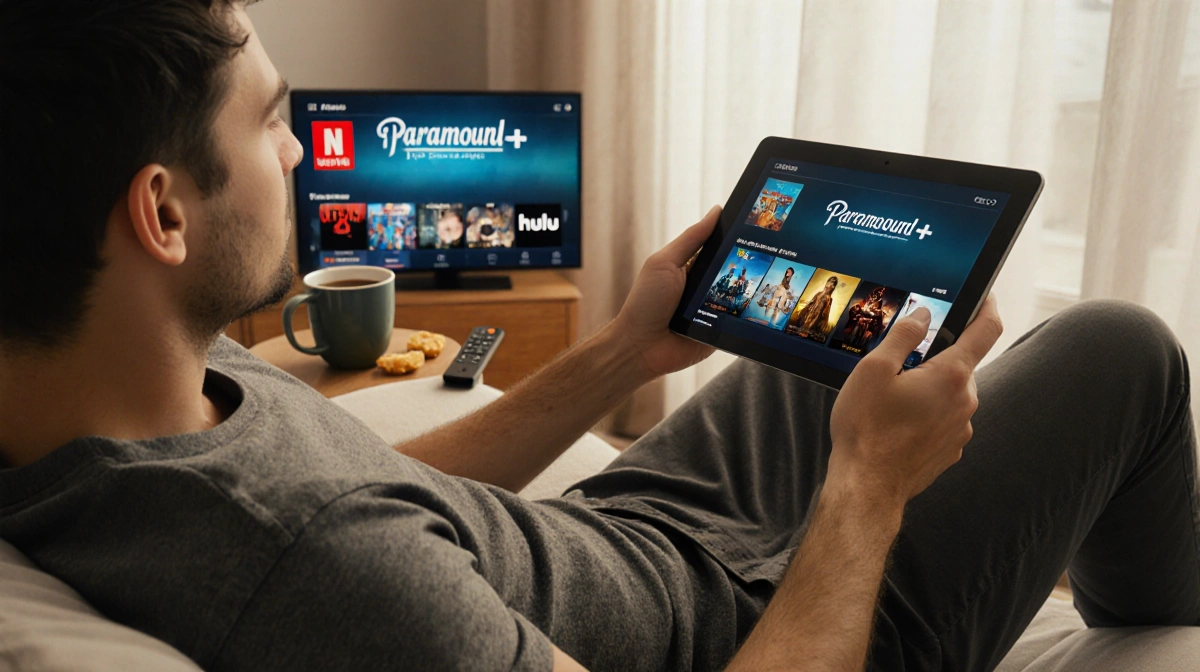 Person relaxing on couch with tablet streaming Paramount Plus while surrounded by multiple screens showing Netflix and Hulu