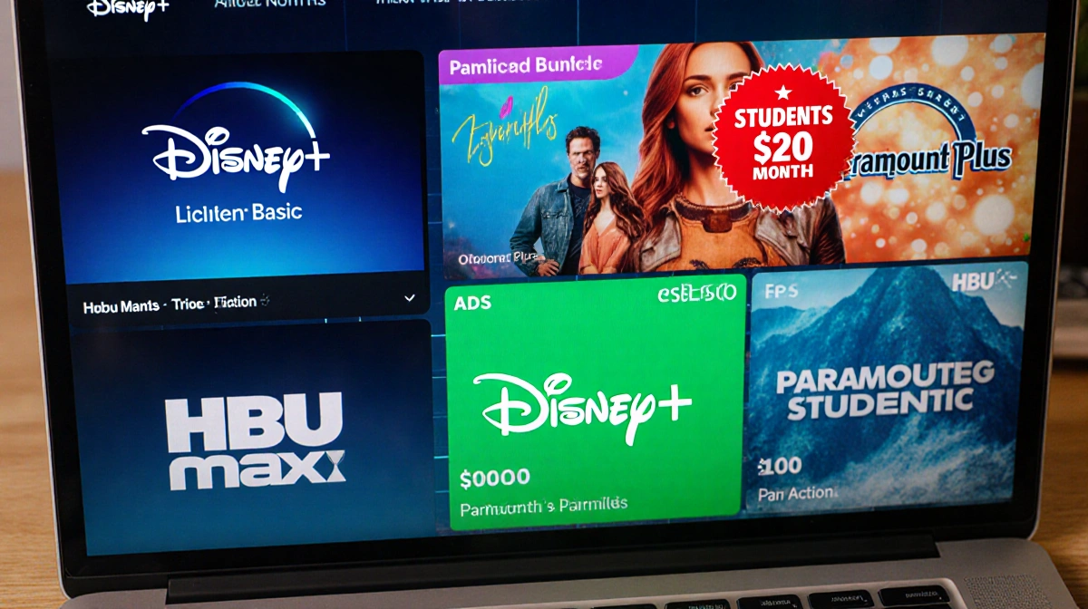 Laptop screen shows stacked streaming logos with Trio Basic bundle in green and Disney+ Hulu side-by-side with ads.