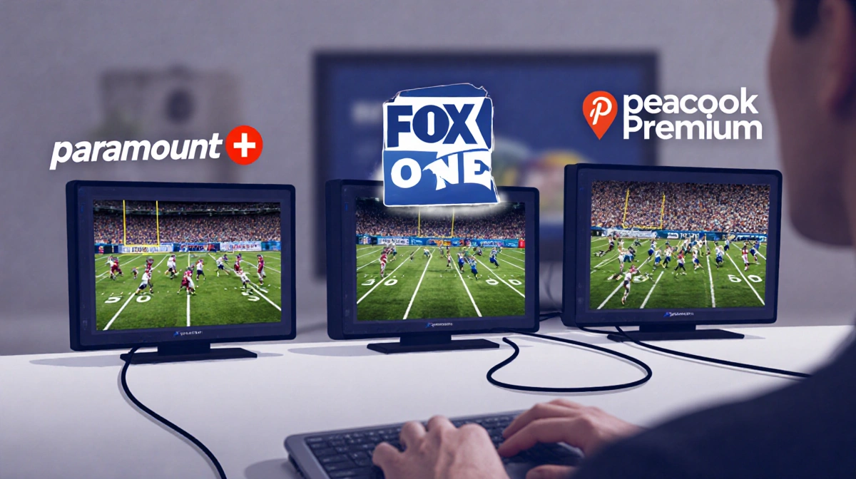 Three TV screens show Paramount+ Fox One and Peacock Premium logos with cables and football games while a VPN user sits
