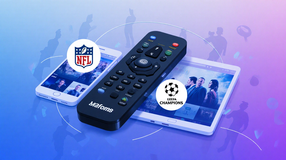TV remote streams on three devices with smartphone tablet and laptop icons showing NFL and UEFA logos