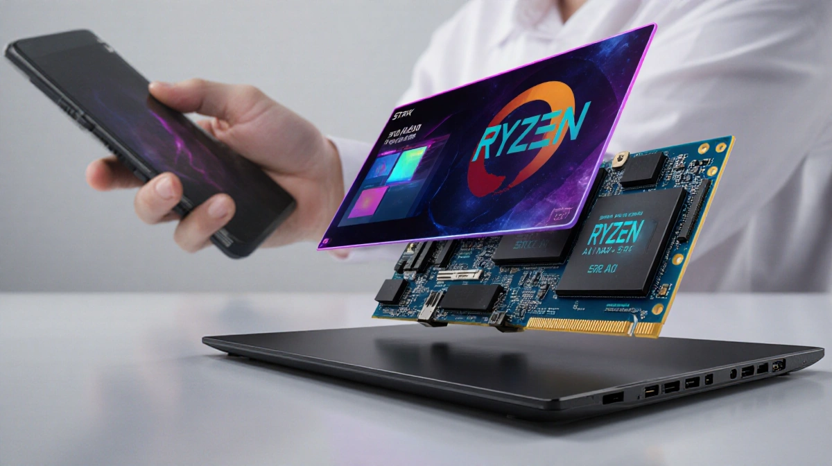 Modern laptop motherboard with Ryzen AI Max processors and RDNA graphics with handheld PC blurred in background