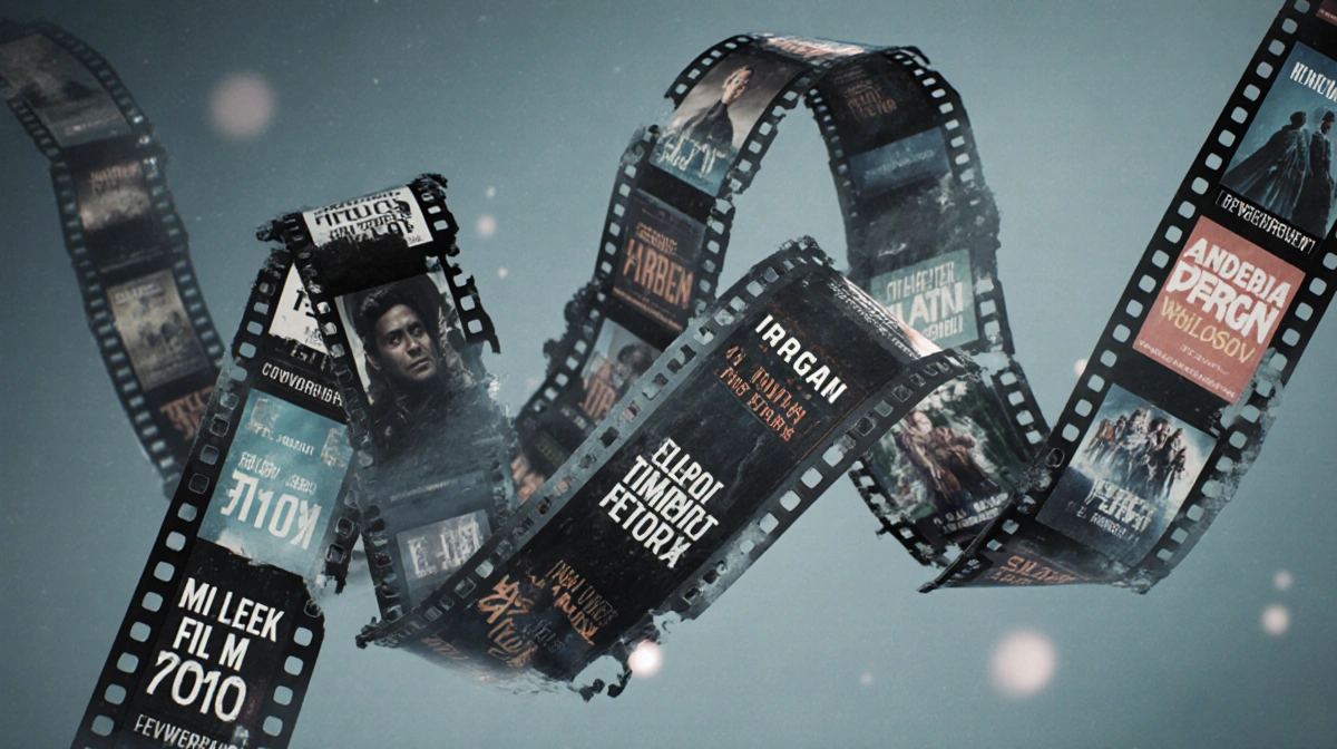 Tangled film reels labeled with movie titles and years dangle motionless with torn strips and flickering lights against gray-