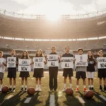 Young athletes hold signs demanding fair play and coach accountability with empty stadium and sports equipment behind them